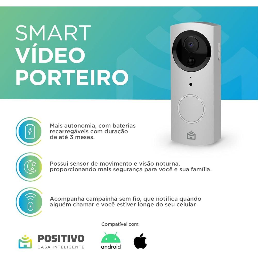 Câmera de Segurança Positivo Porteiro Smart Video Wi-Fi Campainha Sem Fio  com Ângulo 120° Casa Inteligente Branco