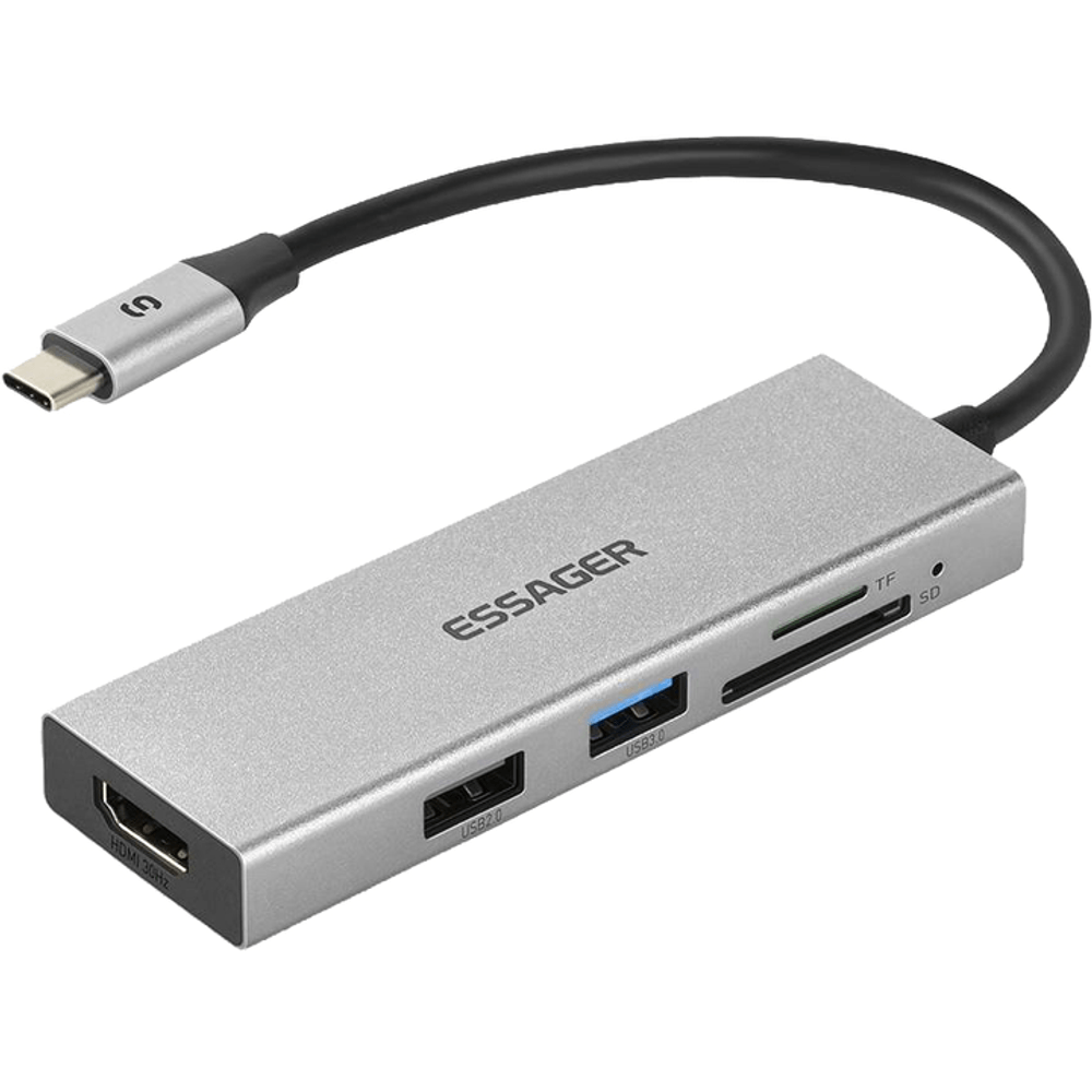 Adaptador Essager USB-C para HDMI/USB2.0/USB3.0/SD/TF EHBC05-FH0G-P Cinza Adaptador Essager USB-C para HDMI/USB2.0/USB3.0/SD/TF EHBC05-FH0G-P Cinza