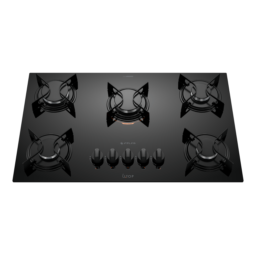 Cooktop Atlas 5 Bocas a Gás com Mega Chama U Top Bivolt Preto Cooktop Atlas 5 Bocas a Gás com Mega Chama U Top Bivolt Preto