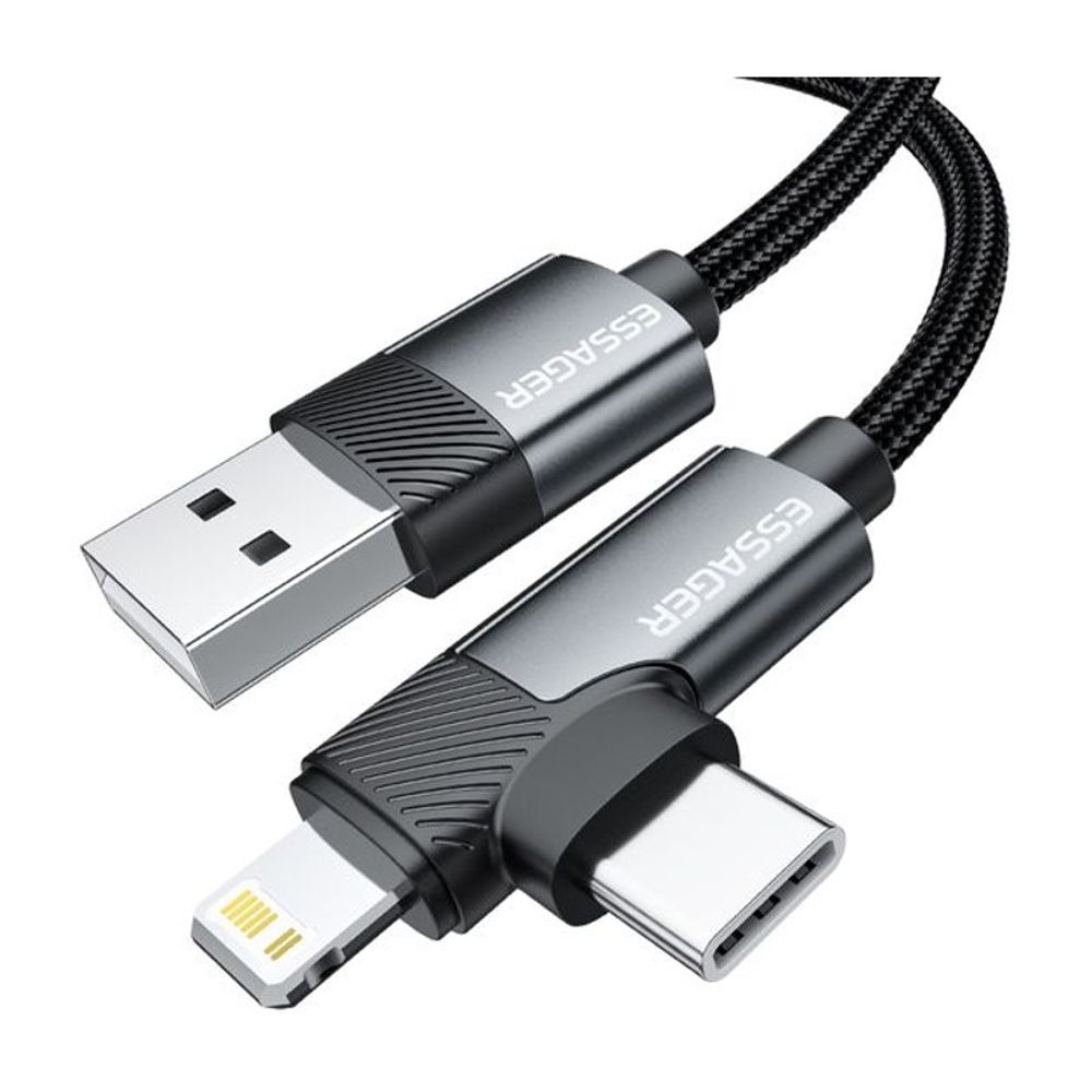 Cabo Essager USB-A para USB-C/Lightning 3A 2M Cinza