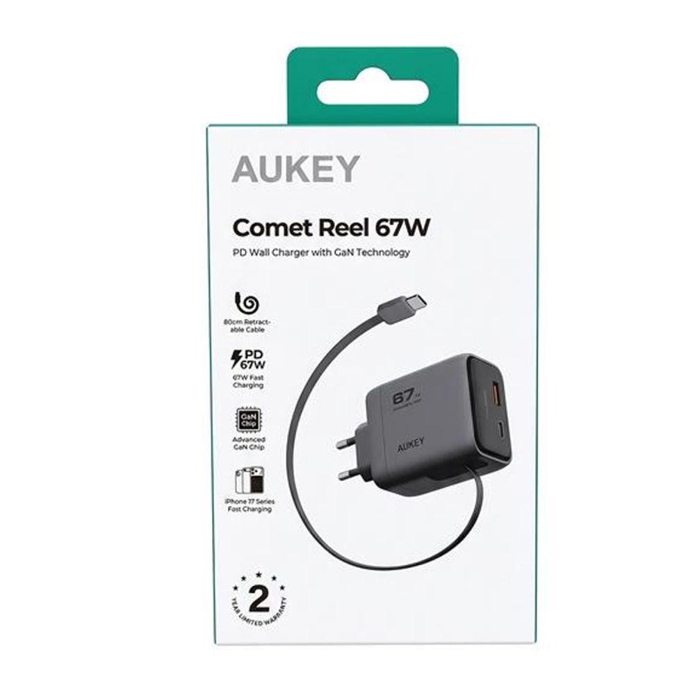 Carregador de Viagem Aukey Comet Reel 67W PD com tecnologia GaN USB/USB-C Retrátil PA-C12 Cinza Carregador de Viagem Aukey Comet Reel 67W PD com tecnologia GaN USB/USB-C Retrátil PA-C12 Cinza